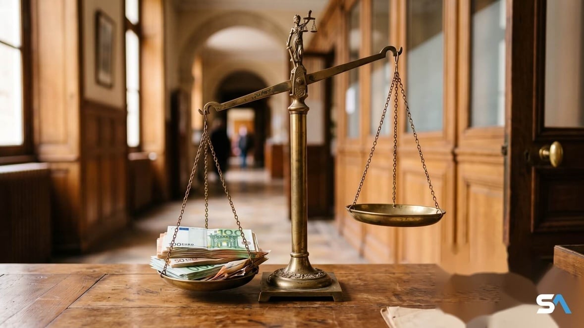 Une balance en laiton avec un plateau chargé de billets et l'autre vide