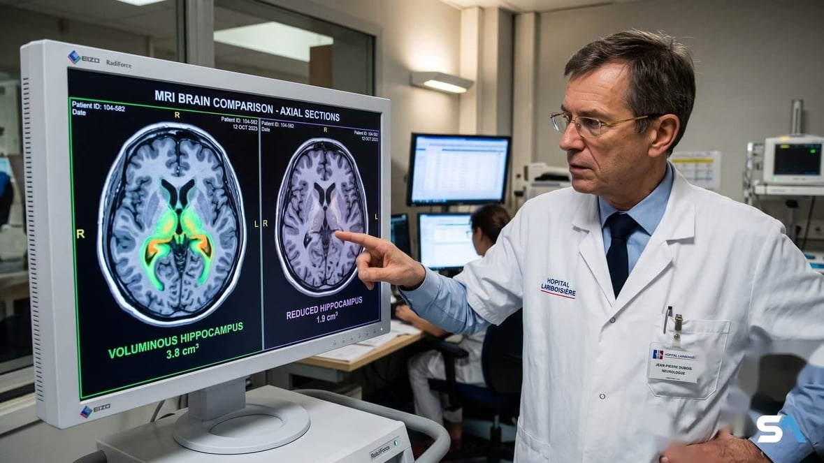 Un neurologue pointe deux coupes d'IRM cérébrale sur un écran de monitoring Un neurologue pointe deux coupes d'IRM cérébrale sur un écran de monitoring