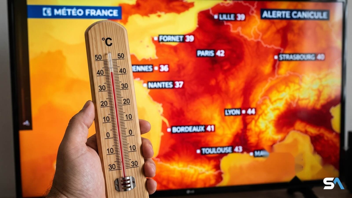 Un thermomètre affichant plus de 40 degrés devant une carte météo de la France en rouge