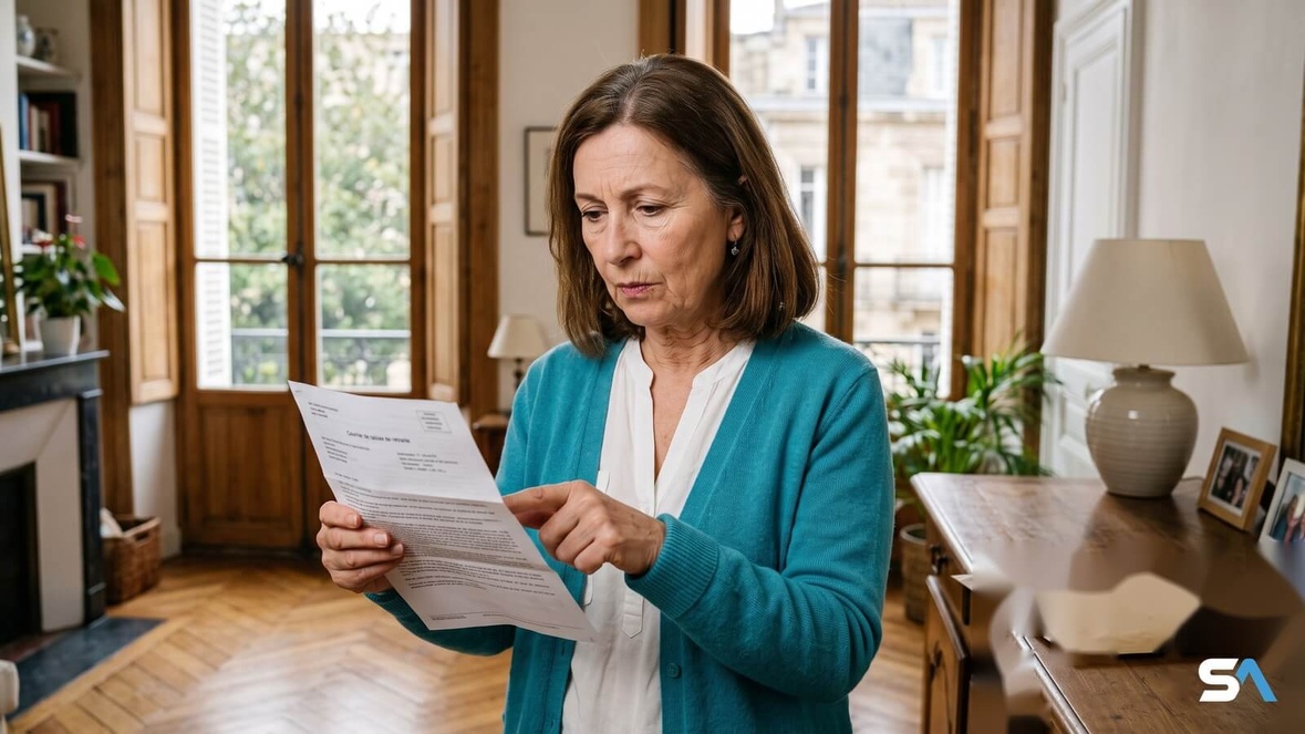 Une retraitée pointe une ligne sur un courrier de caisse de retraite Une retraitée pointe une ligne sur un courrier de caisse de retraite
