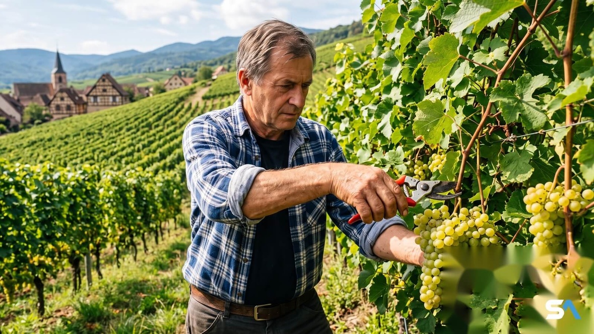 Un retraité coupe une grappe de raisin dans un vignoble
