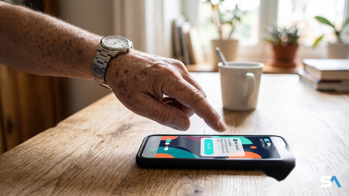 Un doigt suspendu au-dessus d'un smartphone affichant un faux message