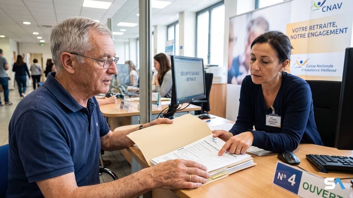 Un retraité tend un dossier à une conseillère au guichet d'une caisse de retraite