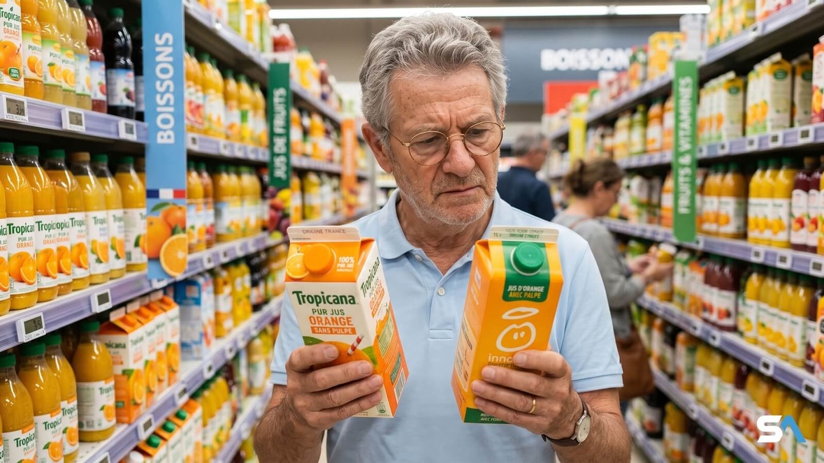 Un retraité compare la composition de deux brique de jus de fruits. Image générée par IA