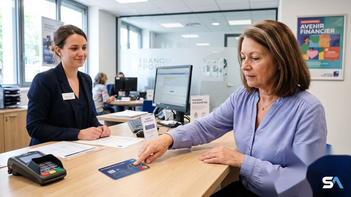 Une retraitée enregistre son empreinte digitale sur sa carte bancaire à une conseillère derrière un guichet bancaire français