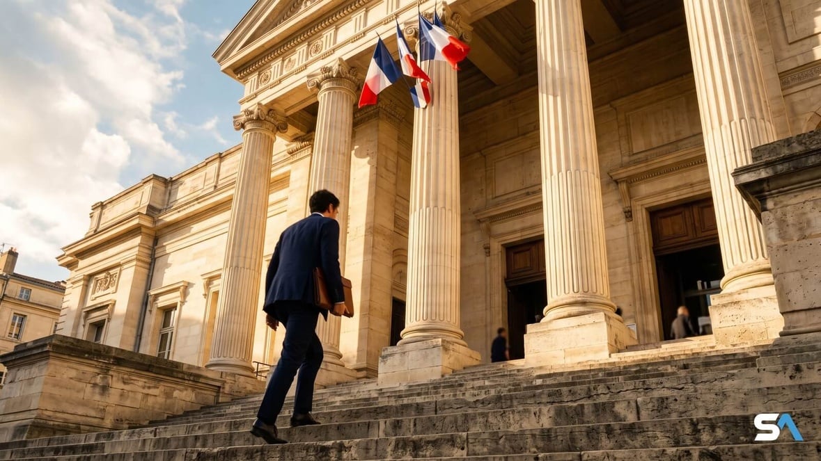Un avocat en costume gravit les marches d'un tribunal judiciaire français