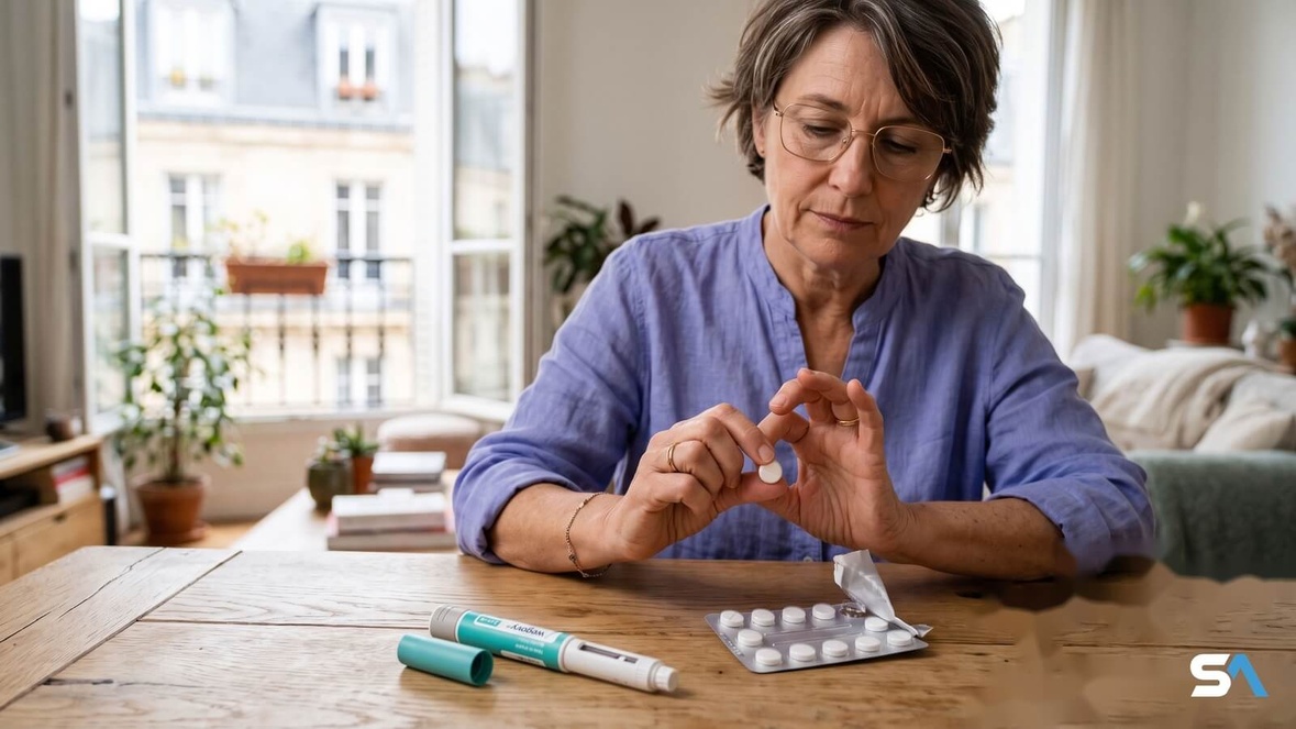 Une retraitée saisit un comprimé à côté d'un stylo injecteur Wegovy Une retraitée saisit un comprimé à côté d'un stylo injecteur Wegovy