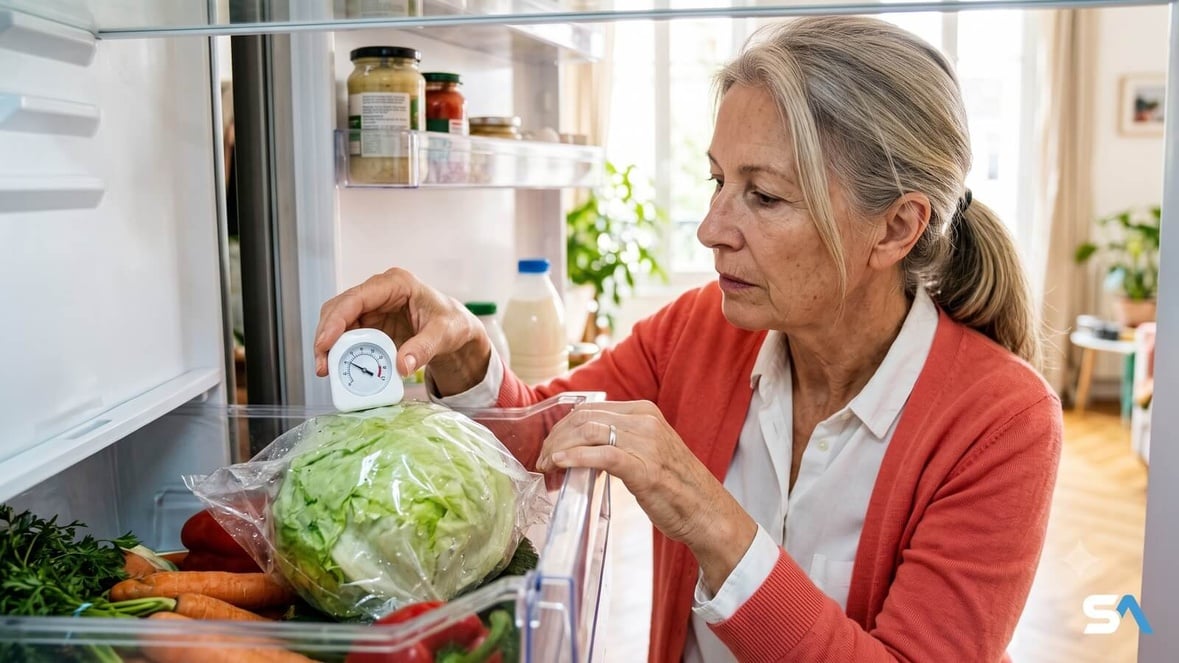 Une retraitée dépose un thermomètre dans le bac à légumes du réfrigérateur Une retraitée dépose un thermomètre dans le bac à légumes du réfrigérateur