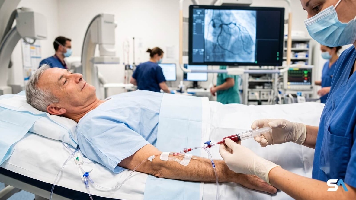 Un cathéter prélève du sang dans l'artère coronaire d'un patient