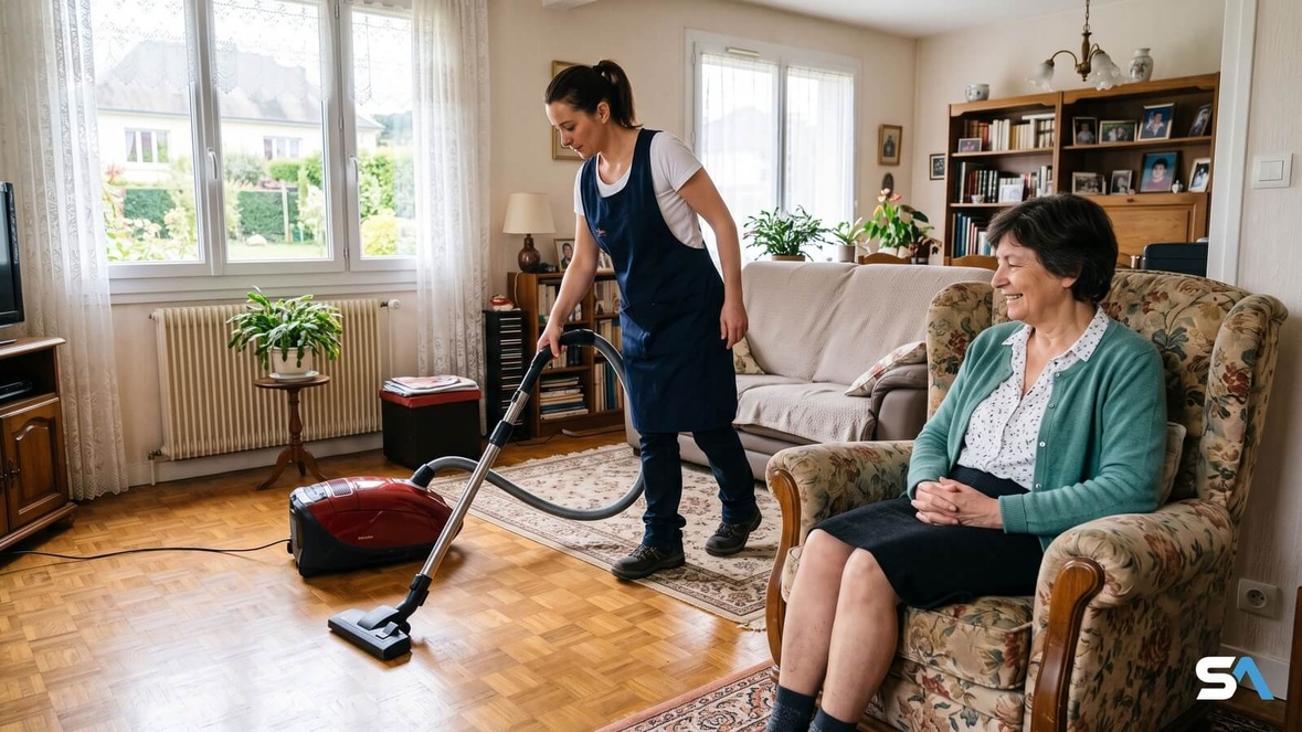 Une aide à domicile passe l'aspirateur près d'une retraitée Une aide à domicile passe l'aspirateur près d'une retraitée