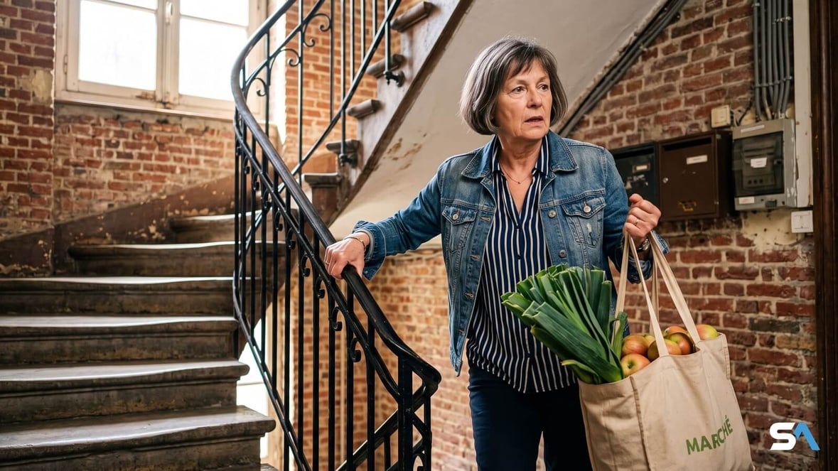 Une femme senior monte un escalier avec son cabas de légumes