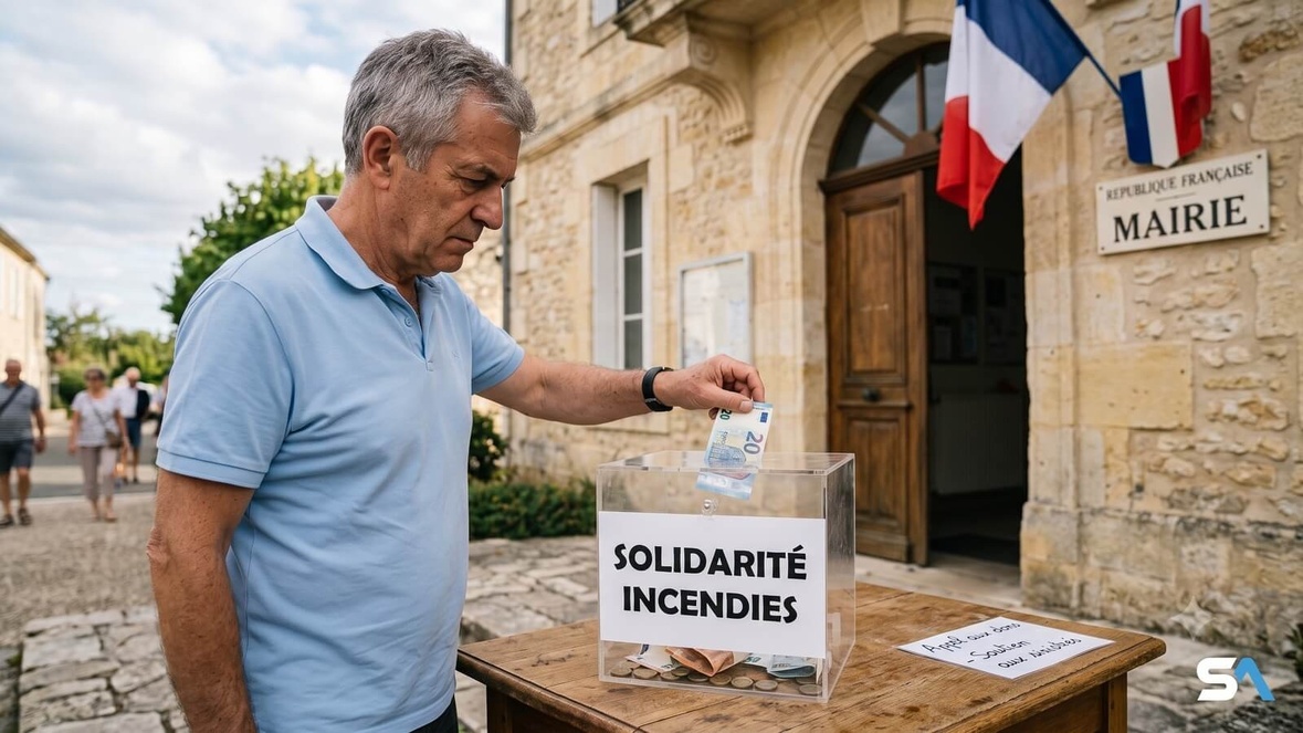 Un retraité glisse un billet dans une urne de collecte devant une mairie - Illustration générée par IA