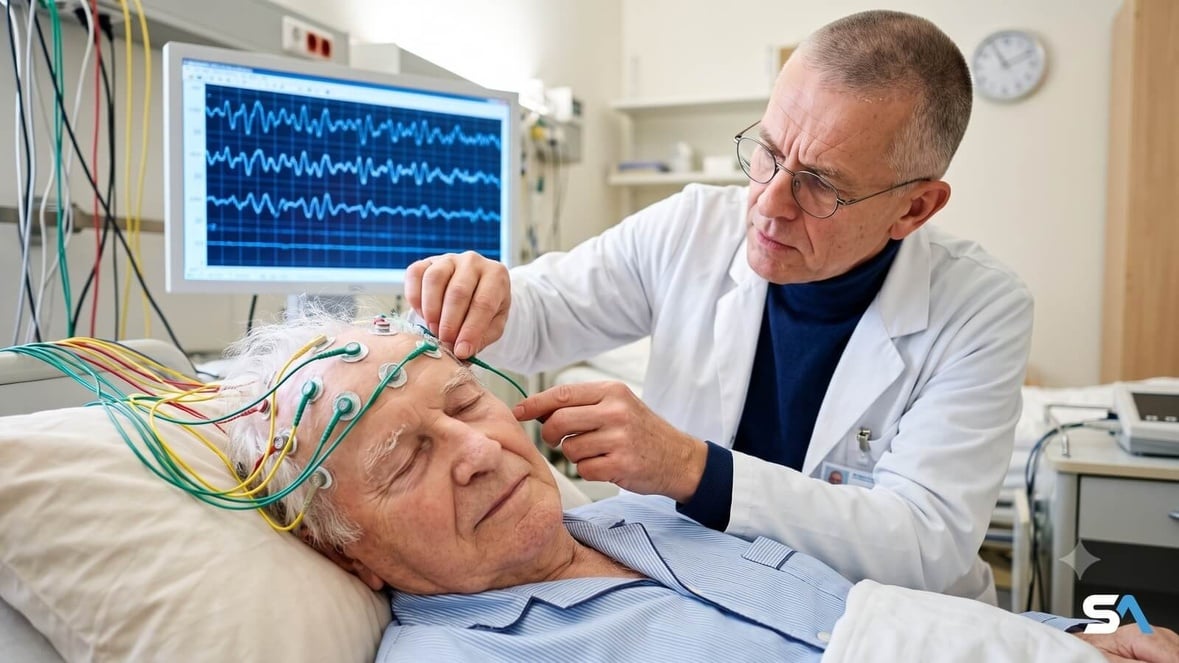 Un infirmier pose une électrode sur le crâne d'un patient très âgé endormi - Illustration générée par IA