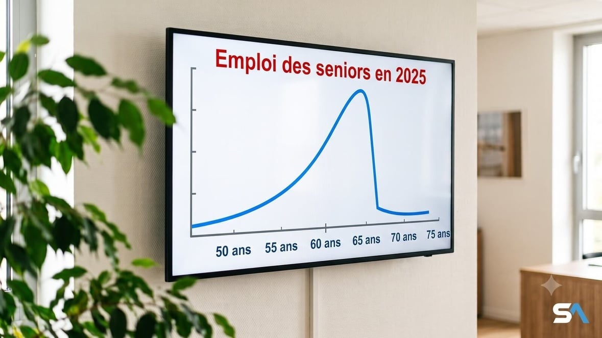 Une courbe d'emploi des seniors qui chute après 60 ans sur un écran - Illustration générée par IA