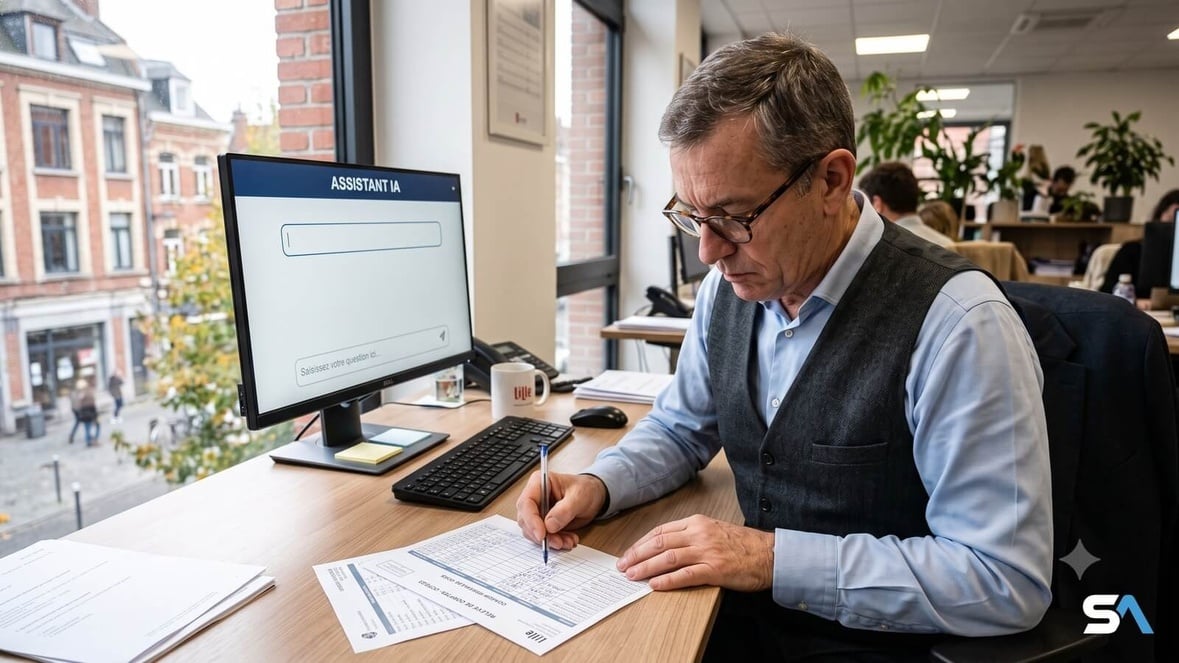 Un salarié recopie des chiffres à la main devant un assistant IA - Illustration générée par IA Un salarié recopie des chiffres à la main devant un assistant IA - Illustration générée par IA