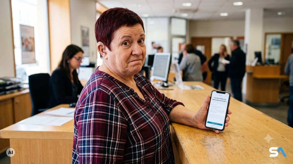Une femme senior montre le message reçu sur son téléphone dans une agence bancaire - Illustration générée par IA
