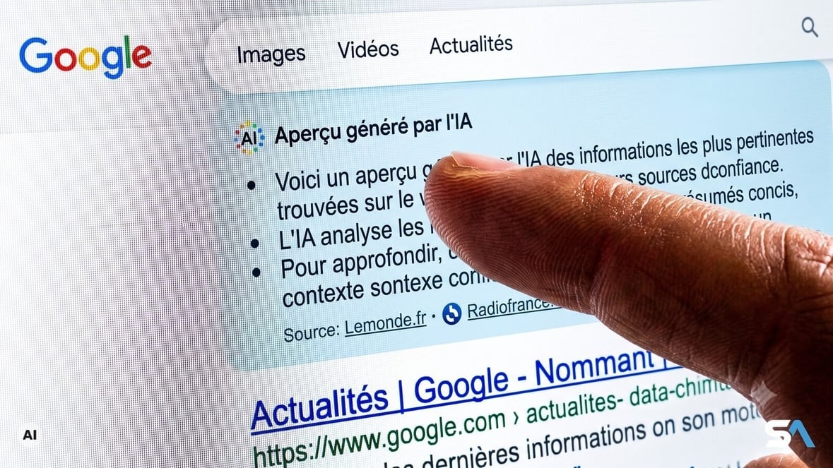 Un doigt clique sur l'aperçu IA du moteur de recherche de Google - Illustration générée par IA Un doigt clique sur l'aperçu IA du moteur de recherche de Google - Illustration générée par IA