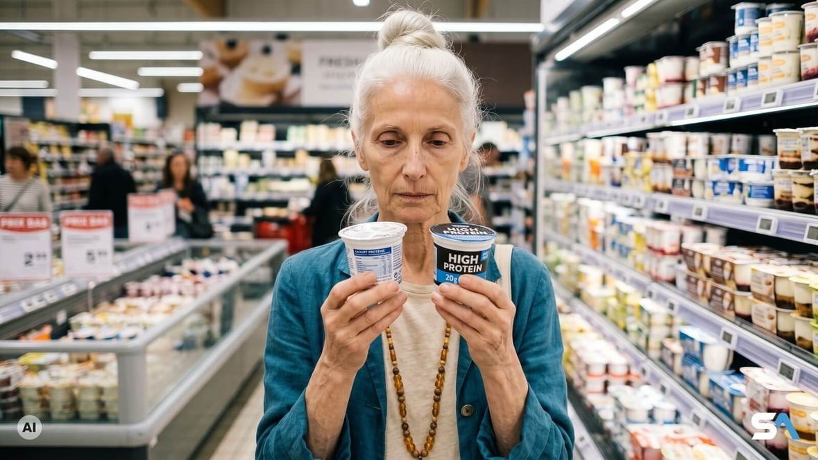Une septuagénaire compare deux pots de yaourt protéiné au rayon frais - Illustration générée par IA Une septuagénaire compare deux pots de yaourt protéiné au rayon frais - Illustration générée par IA