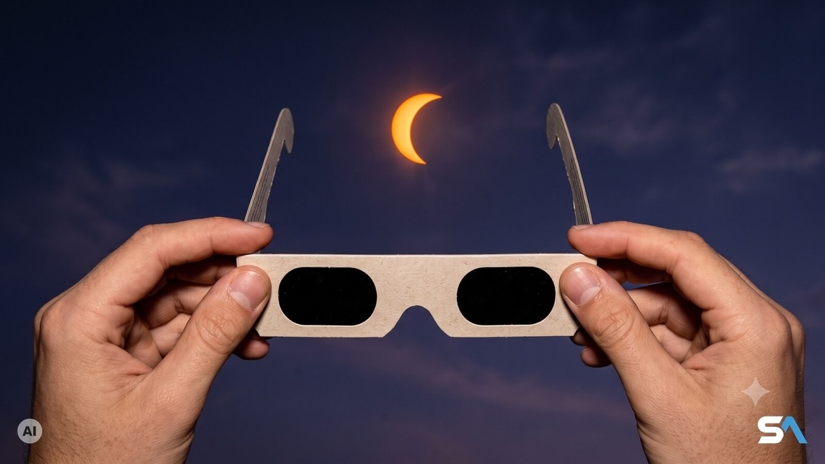 Une paire de lunettes d'éclipse brandie sous le Soleil en croissant - Illustration générée par IA