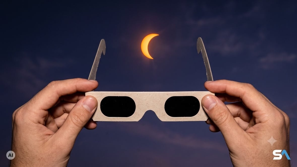 Une paire de lunettes d'éclipse brandie sous le Soleil en croissant - Illustration générée par IA Une paire de lunettes d'éclipse brandie sous le Soleil en croissant - Illustration générée par IA