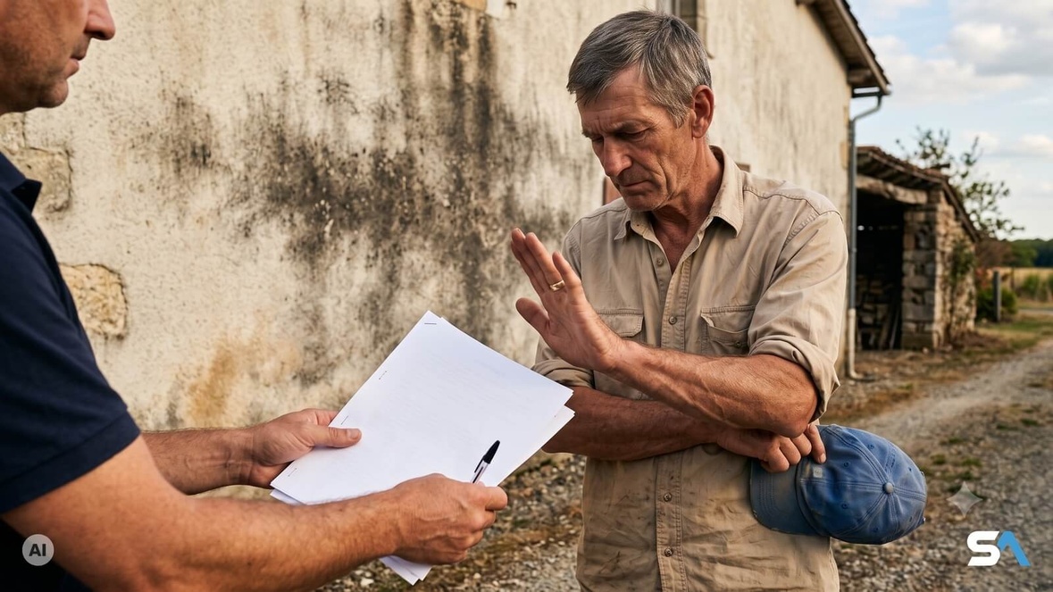 Un senior refuse le contrat qu'un démarcheur lui tend devant sa maison brûlée - Illustration générée par IA