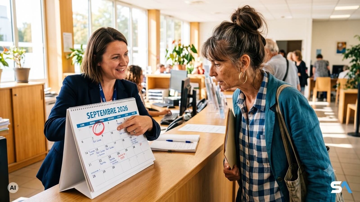Une conseillère montre la date du 1er septembre sur un calendrier mural - Illustration générée par IA