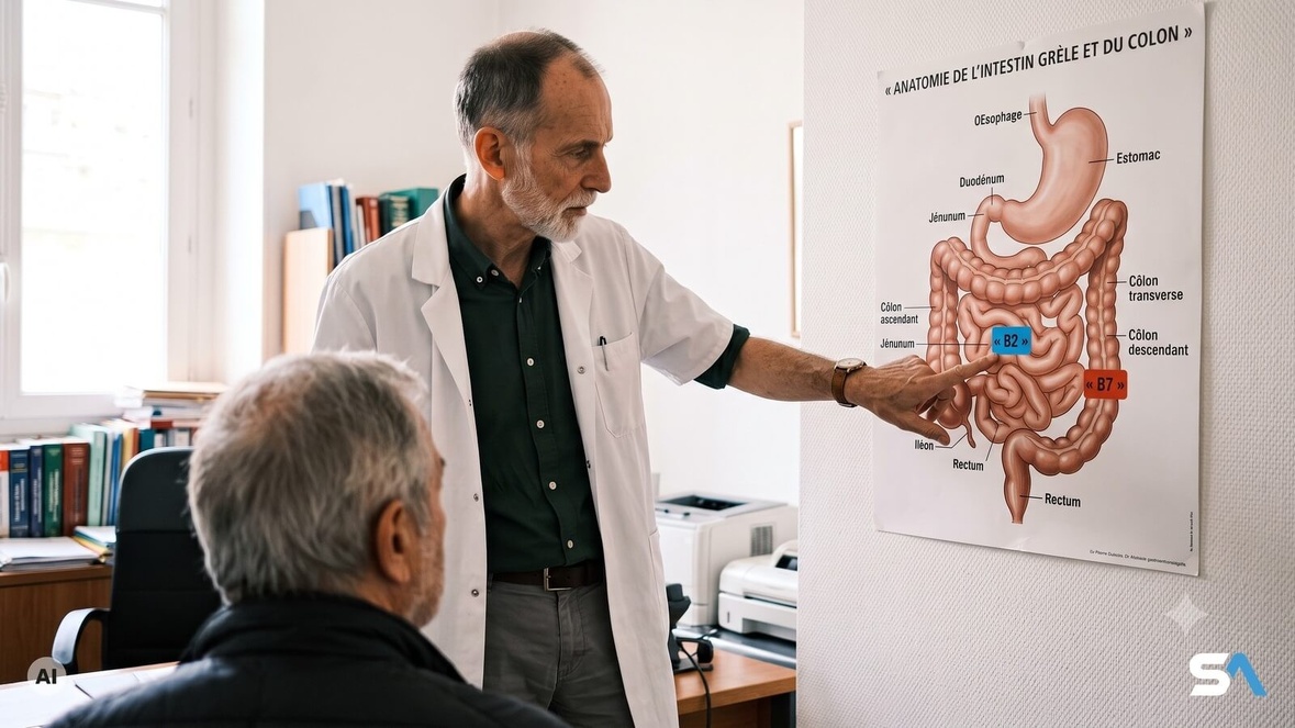 Un médecin montre une planche anatomique de l'intestin à un patient - Illustration générée par IA Un médecin montre une planche anatomique de l'intestin à un patient - Illustration générée par IA