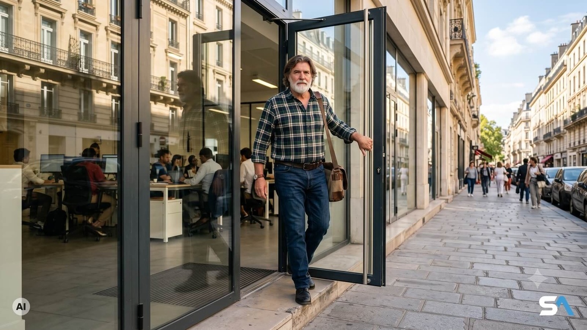 Un senior quitte son entreprise à pied en pleine journée de travail - Illustration générée par IA