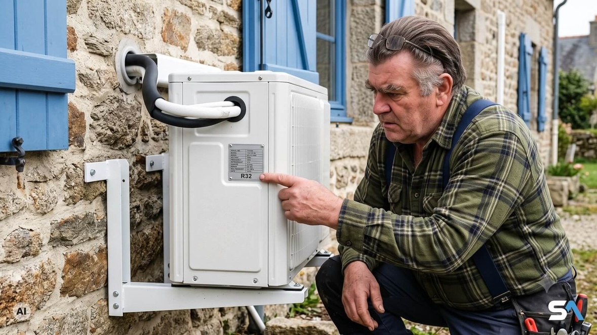 Un homme accroupi lit la plaque signalétique d'un climatiseur extérieur - Illustration générée par IA