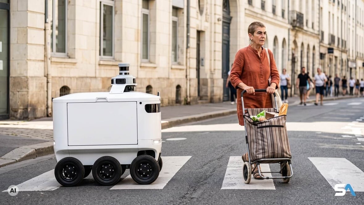 Une passante traverse devant un robot de livraison autonome - Illustration générée par IA Une passante traverse devant un robot de livraison autonome - Illustration générée par IA