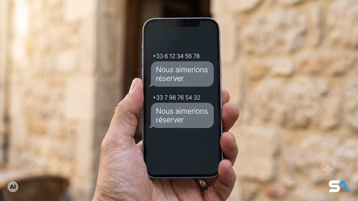 Un écran de smartphone affichant deux fois le même message de réservation - Illustration générée par IA