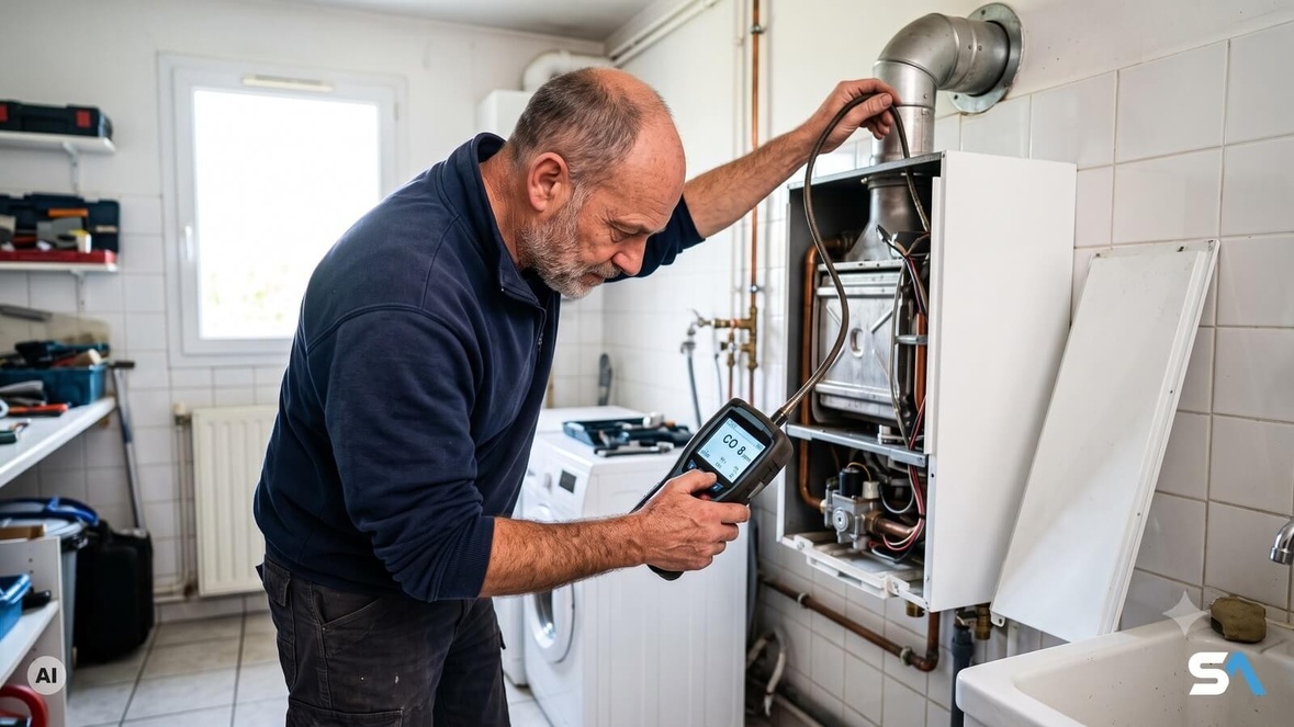 Un chauffagiste mesure le monoxyde de carbone d'une chaudière à gaz - Illustration générée par IA