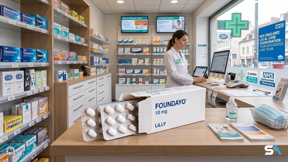 Une plaquette de comprimés sur le comptoir d'une pharmacie britannique - Illustration générée par IA