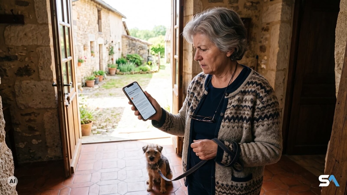 Une femme lit un courriel sur son téléphone, laisse de chien au poignet - Illustration générée par IA