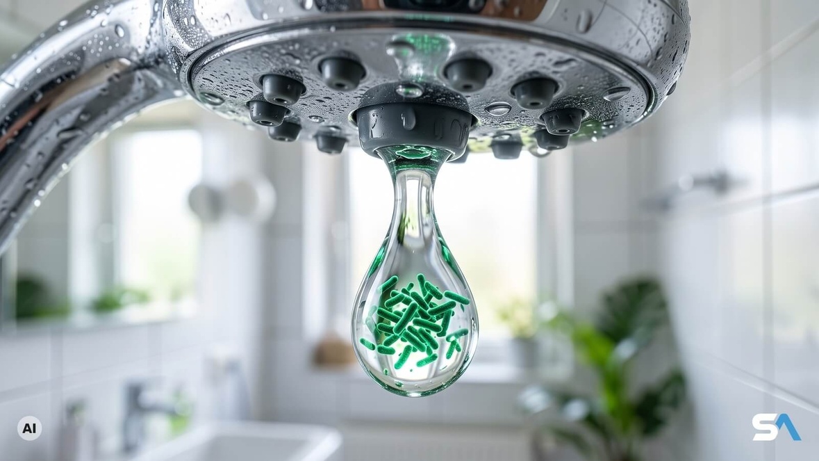 Des légionelles au microscope dans une gouttelette d'eau chaude de douche - Illustration générée par IA