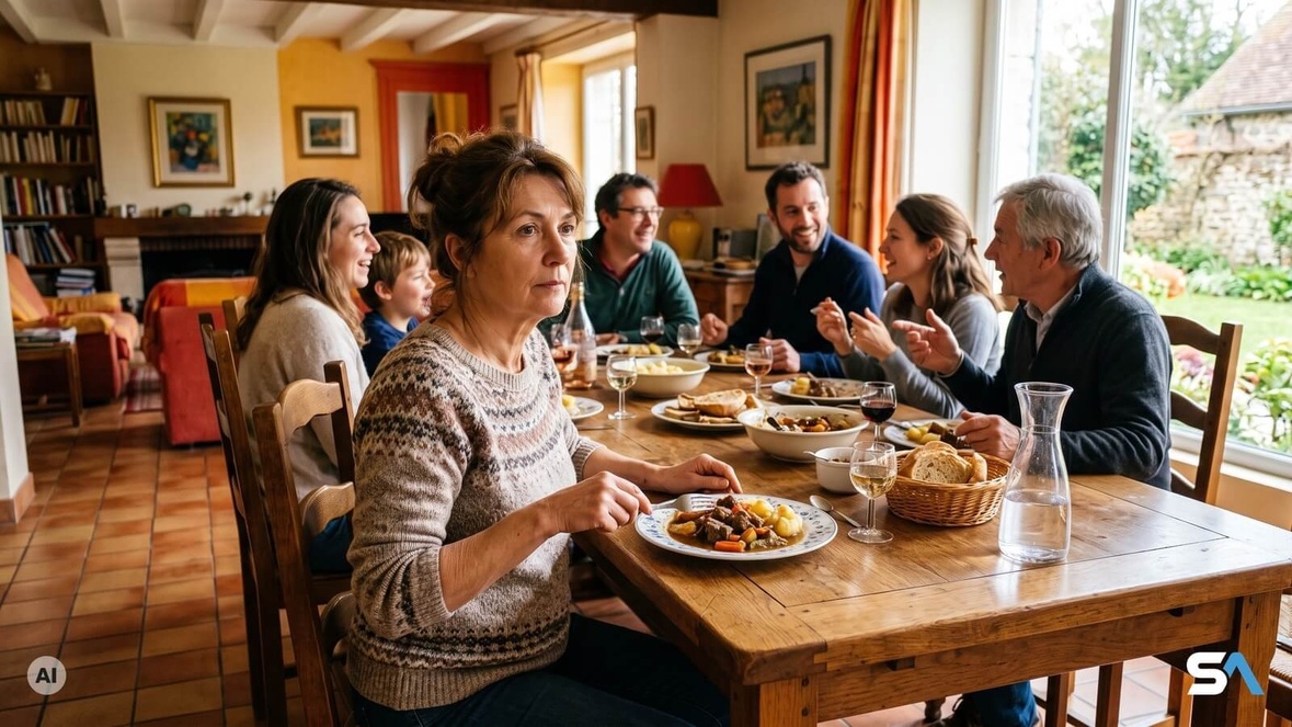 Une femme se sent seule pendant que sa famille se parle sans faire attention à elle - Illustration générée par IA