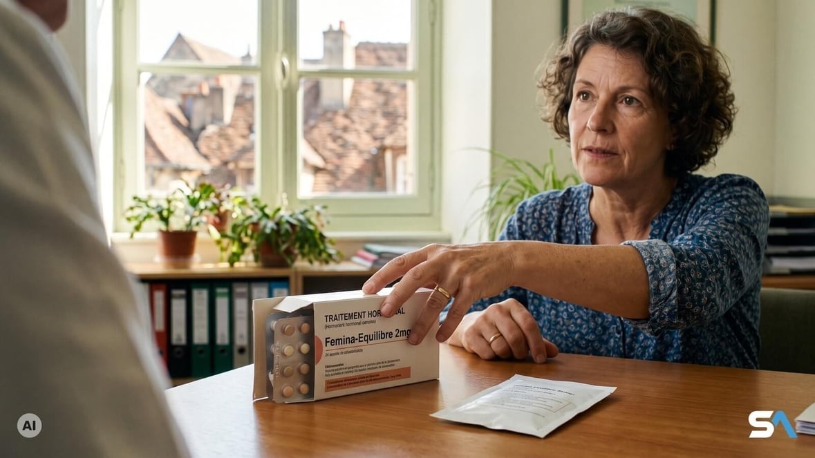 Une femme pose sa boîte d'hormones sur le bureau de sa médecin - Illustration générée par IA Une femme pose sa boîte d'hormones sur le bureau de sa médecin - Illustration générée par IA