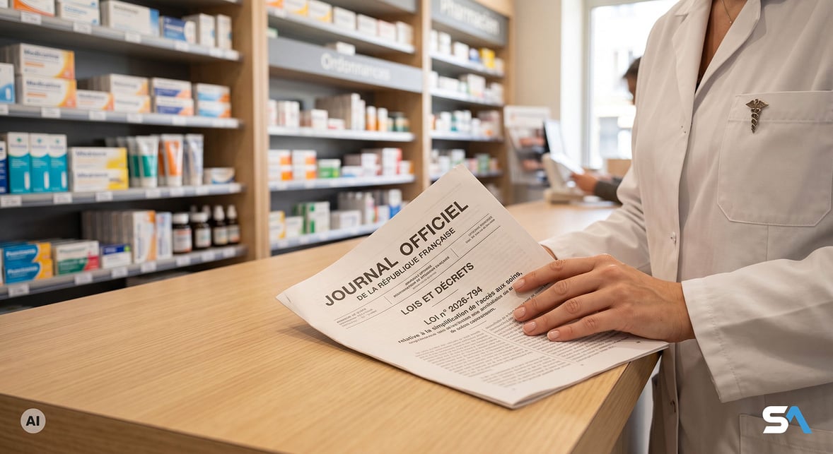 Un Journal officiel ouvert sur un comptoir de pharmacie - Illustration générée par IA Un Journal officiel ouvert sur un comptoir de pharmacie - Illustration générée par IA