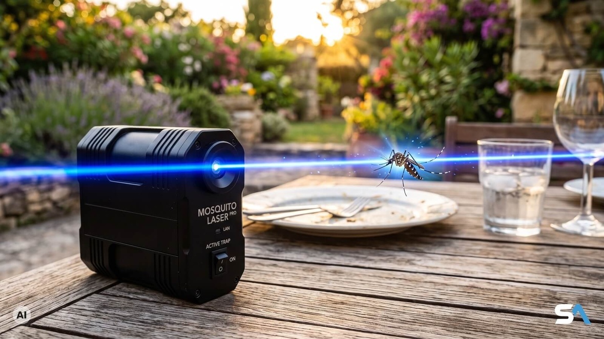 Un boîtier laser projette son faisceau bleu au-dessus d'une table de jardin - Illustration générée par IA