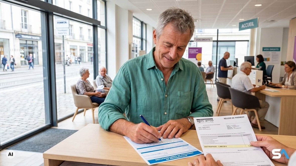 Un retraité recopie au guichet le montant de son rappel de pension - Illustration générée par IA