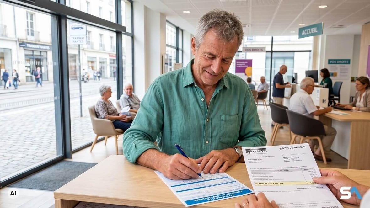 Un retraité recopie au guichet le montant de son rappel de pension - Illustration générée par IA Un retraité recopie au guichet le montant de son rappel de pension - Illustration générée par IA