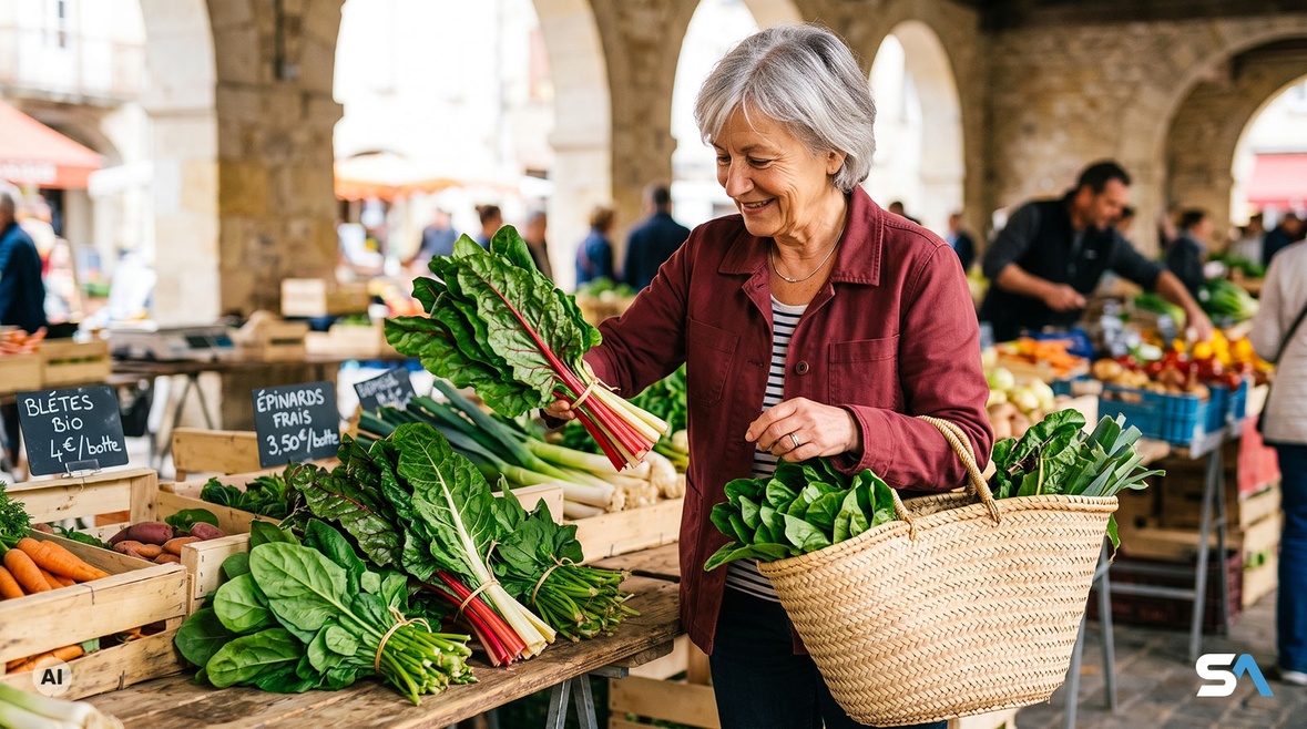 Une femme range six bottes de légumes verts dans son cabas au marché - Illustration générée par IA