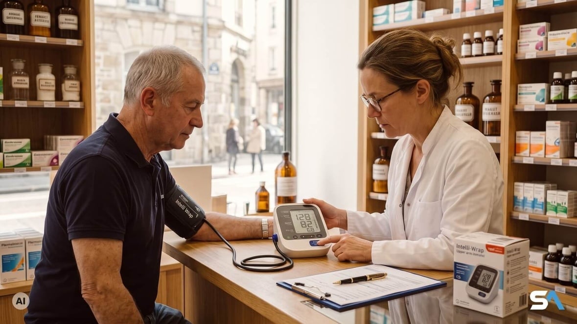 Une pharmacienne gonfle le brassard d'un tensiomètre au comptoir - Illustration générée par IA Une pharmacienne gonfle le brassard d'un tensiomètre au comptoir - Illustration générée par IA