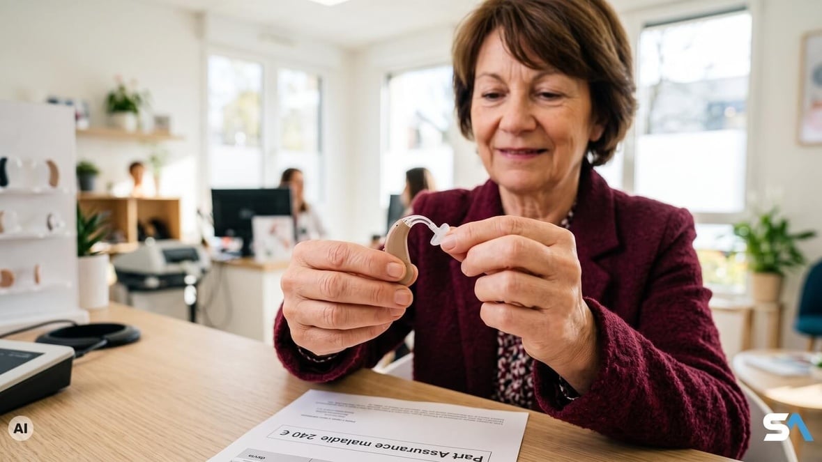 Une femme clipse l'embout de son aide auditive dans un cabinet d'audioprothésiste - Illustration générée par IA