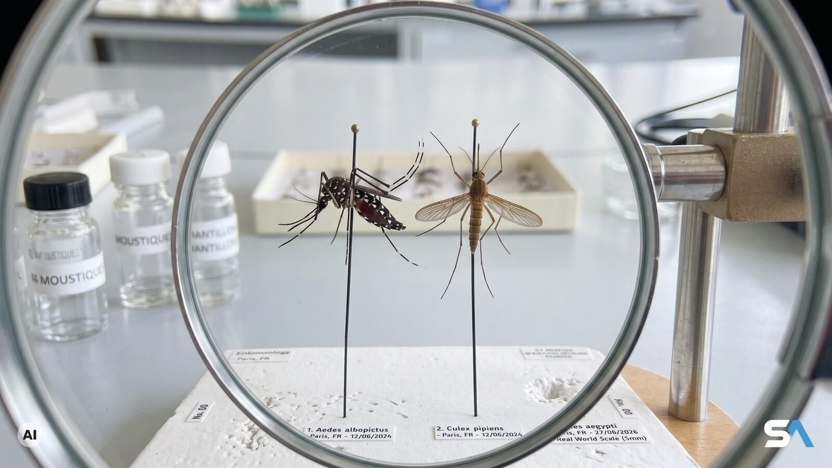 Deux moustiques épinglés côte à côte sur une planche d'entomologie - Illustration générée par IA