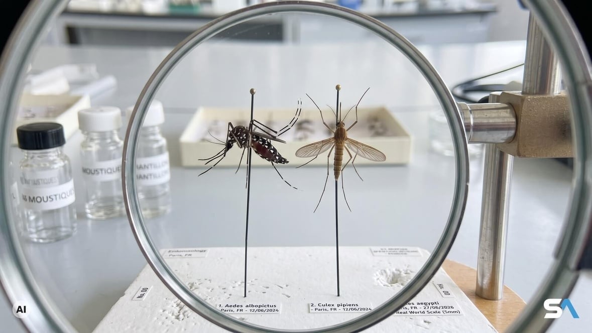 Deux moustiques épinglés côte à côte sur une planche d'entomologie - Illustration générée par IA Deux moustiques épinglés côte à côte sur une planche d'entomologie - Illustration générée par IA