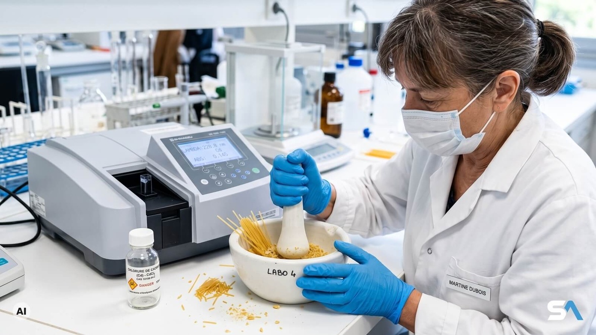 Une technicienne écrase des spaghettis dans un mortier de laboratoire - Illustration générée par IA Une technicienne écrase des spaghettis dans un mortier de laboratoire - Illustration générée par IA