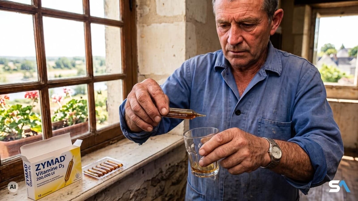 Un homme casse une ampoule de vitamine D au-dessus d'un verre - Illustration générée par IA Un homme casse une ampoule de vitamine D au-dessus d'un verre - Illustration générée par IA