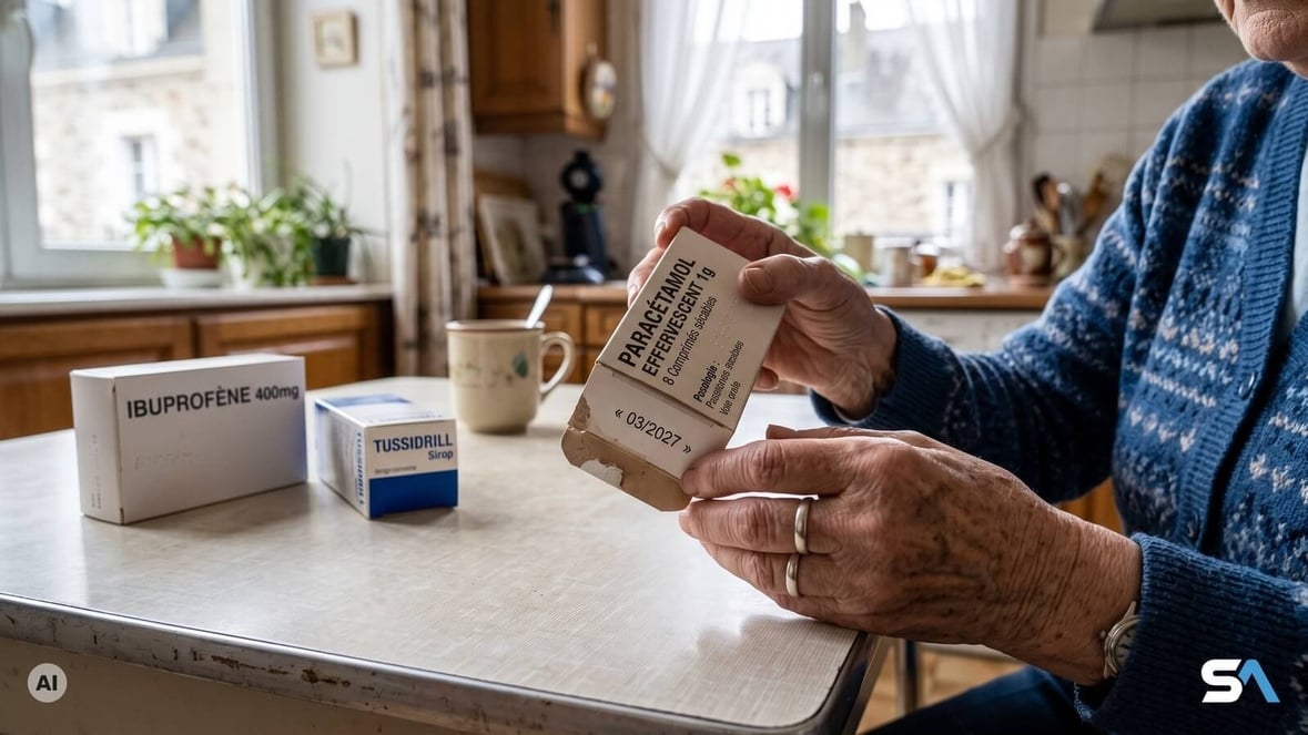Une retraitée retourne une boîte de paracétamol pour lire la date - Illustration générée par IA Une retraitée retourne une boîte de paracétamol pour lire la date - Illustration générée par IA
