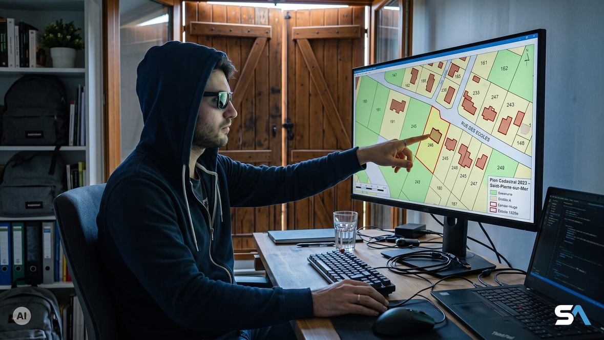Un pirate informatique face à un plan cadastral affiché à l'écran - Illustration générée par IA